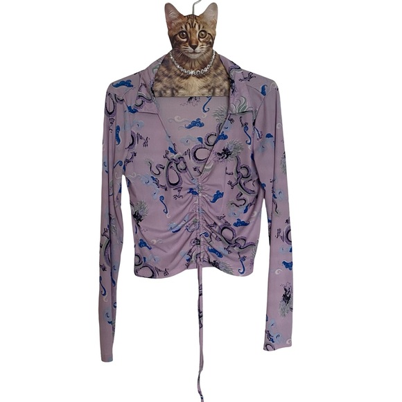 Y2K Rue 21 Dragon Print Long Sleeve Ruche Top Size L - Picture 1 of 6